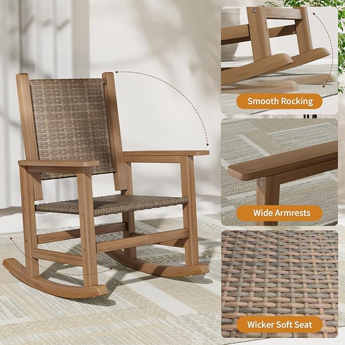 Rocking Chair Outdoor 1 PCS, Wicker Rocking Chair for Outside, Woven Seat & Back, All Weather Ratten Outdoor for Porch, Garden, Lawn, and Balcony (Brown)