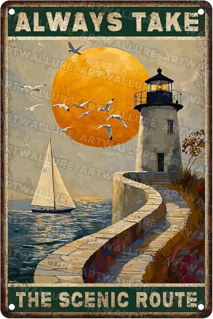 Metal Tin Sign lighthouse Vintage Sign Always Take The Scenic Wall Art for Home Office Man Cave Shed 8x12inch