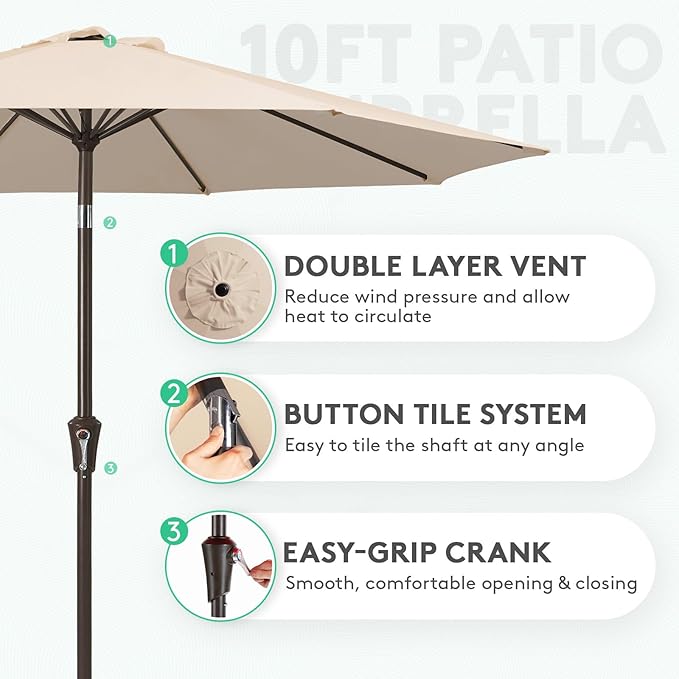 JEAREY 10FT Outdoor Patio Umbrella Outdoor Table Umbrella with Push Button Tilt and Crank, Market Umbrella 8 Sturdy Ribs UV Protection Waterproof for Pool, Garden (Cream Beige)