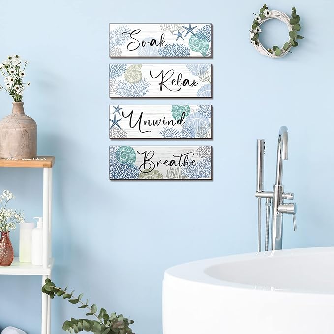 Pinkunn 4 Pcs 11 x 3.5 Inches Ocean Beach Bathroom Wall Decor Coastal Bathroom Decor Wood Relax Soak Unwind Breathe Wall Art Starfish Seashell Coral Nautical Art Rustic Farmhouse Wooden Signs