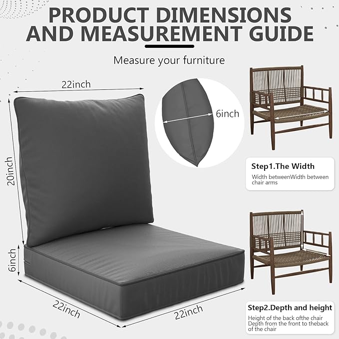 22" x 22" x 6" Outdoor Deep Seat Cushions Set - 2 Set Waterproof & Fade Resistant Patio Furniture Replacement Cushions, Non-Slip Outdoor Cushions Fit Loveseats, Couches, Chairs, and Sofas.