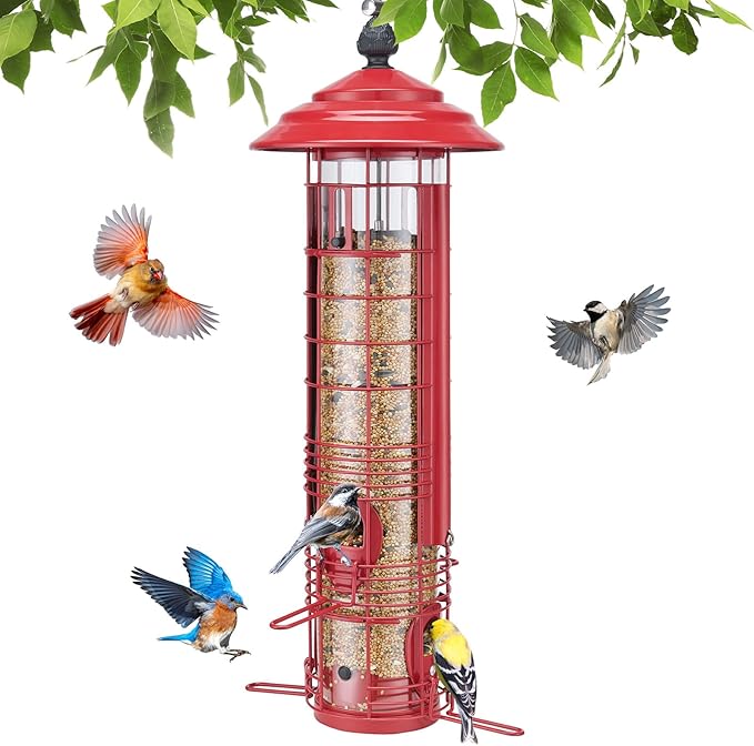 Kingsyard Squirrel Proof Bird Feeder for Outside Hanging, Weight-Activated All-Metal Wild Bird Feeders for Cardinal Finch, Detachable Base Easy to Clean, 3 LBS Capacity,Red