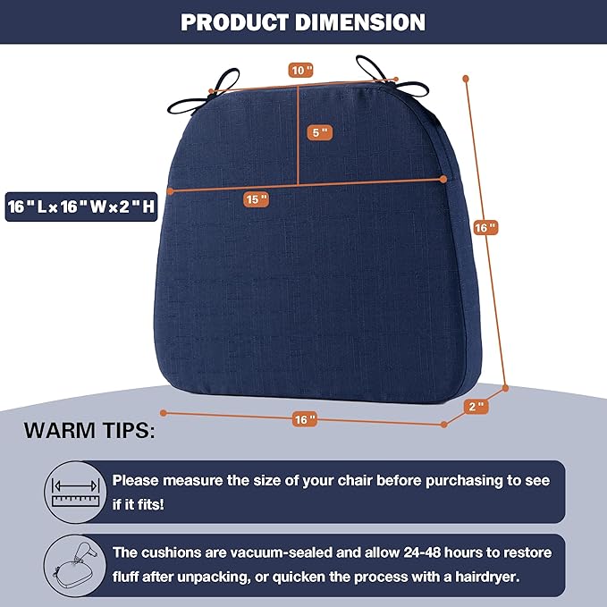 Battilo Chair Cushions for Dining Chairs with Ties, Indoor/Outdoor Kitchen Chair Pad with Non-Slip Backing, Dining Seat Cushion with Machine Washable Removable Cover, 16"x16"x2", Set of 2, Navy