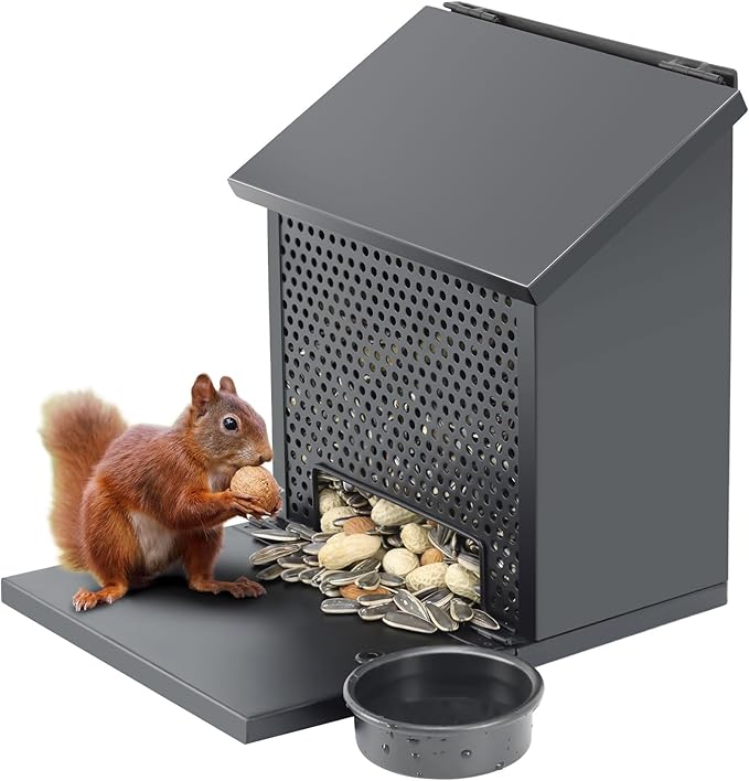 Squirrel Feeders for Outside,Squirrel Feeder with Foldable Metal Front Panel Perch Funny Metal Chipmunk House Hanging Boxes Easy to Refill