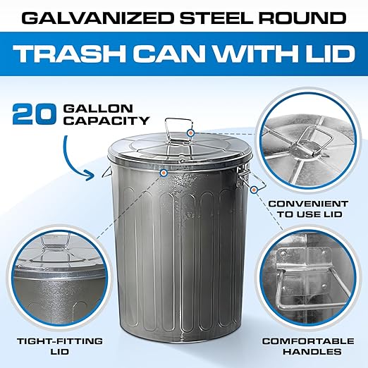 Plexon 20 Gallon Metal Trash Can with Lid Outdoor Galvanized Steel Large Garbage Can, 3 Pack