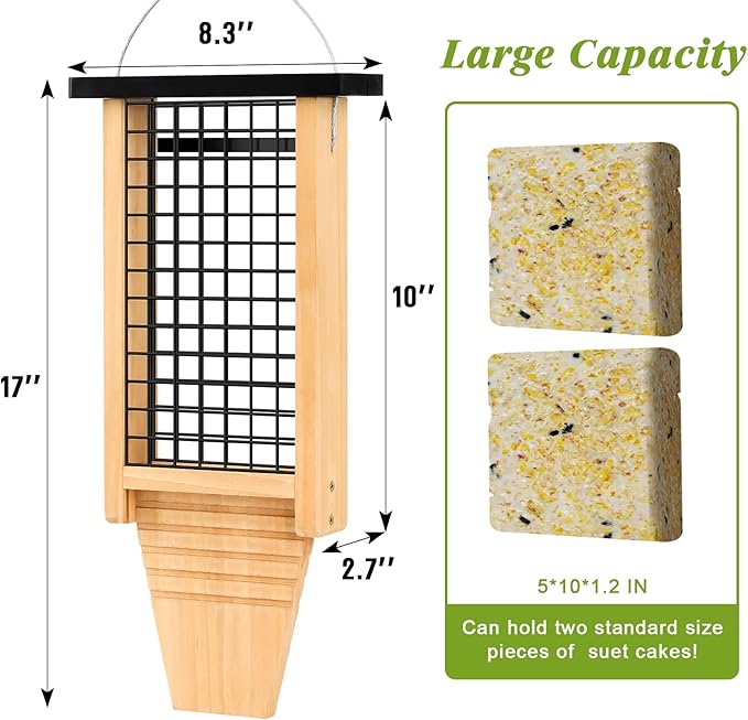 Wooden Suet Bird Feeder for Outside Hanging, Large Woodpecker Suet Feeder with Tail Prop, Double Suet Cakes Hanging Bird Feeder for Wild Birds, 1 Pack, Black