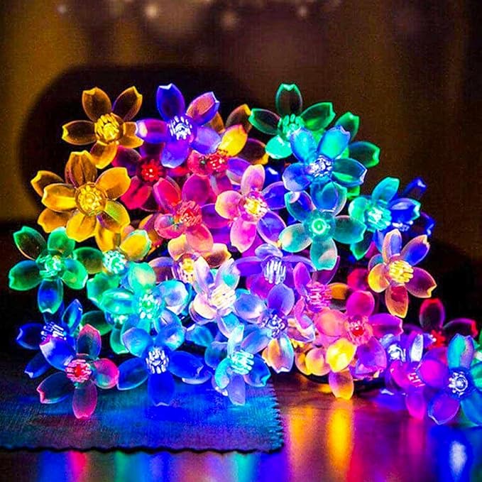 Outdoor Flower String Lights, 33ft Black Wire Fairy Lights with 100 LED Lighted Cherry Blossom for Indoor/Outdoor Backyard, Patio, Garden, Party, Christmas Decoration (Black Wire-Multicolored)