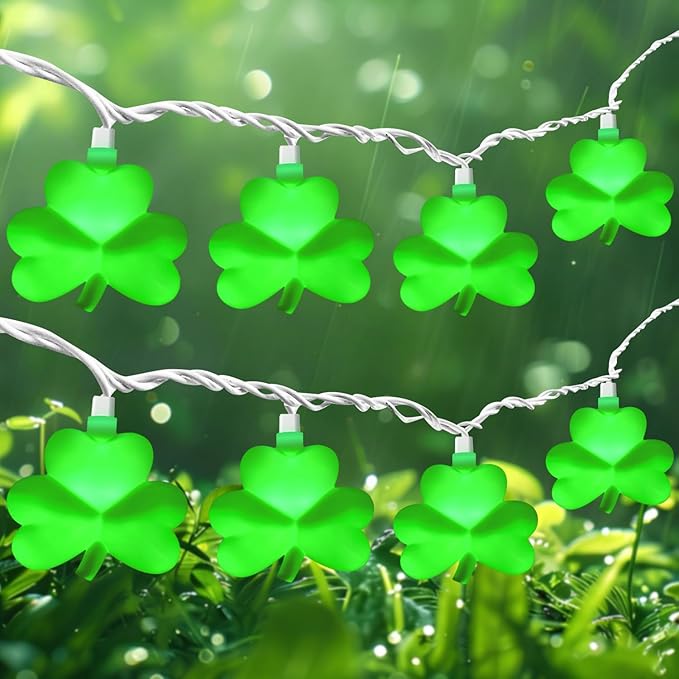 St Patricks Day Decorations Shamrock String Lights, 8.5FT Green Lucky Clover String Lights Waterproof with 10 Green LED Lights for Indoor Outdoor St. Patrick's Day Party Decorations, White Wire