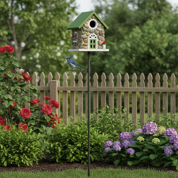Masterpiece Bluebird House For Outside Clearance,Hanging Bird House for Outdoor, Stone Villa, River Pebbles Birdhouse for Outside, Garden Statue Solid Wood Longtime Lasting, Post Pole Mountable