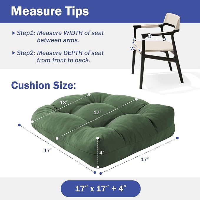 Outdoor Chair Cushions Set of 2, Patio Chair Cushions with Ties, 17x17+4” Tufted Outdoor Seat Cushions, Waterproof Patio Furniture Cushions, Outdoor Dining Chair Pads, Forest Green