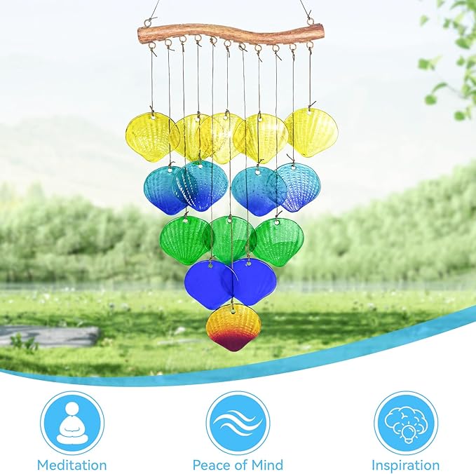 Sea Glass Wind Chime, Shell Shape Glass Windchime for Outside, Indoor Outdoor Decor for Patio Garden Yard, Nice Gifts for Mom & Women, Memorial Sympathy Gift for Home
