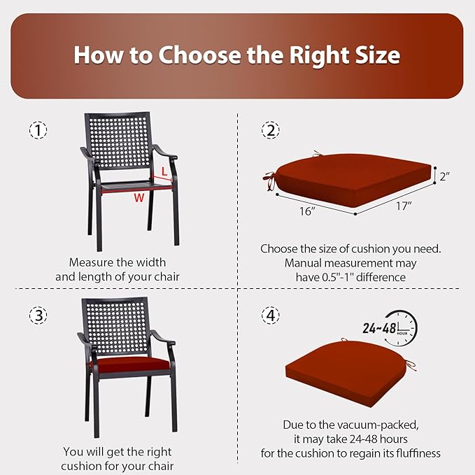 Outdoor Chair Cushions Set of 4, 17 x 16 Inch Patio Chair Cushions, Water Resistant, Non-Slip Ties (Brick Red)