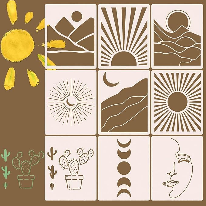 9 Pcs Modern Bohomian Stencils, Reusable 10x8 in Sun and Moon Large Stencil Minimalist Boho Templates for Home Decor DIY Crafts, Boho Line Art Stencils for Painting Spraying on Wall Floor Wood Fabric