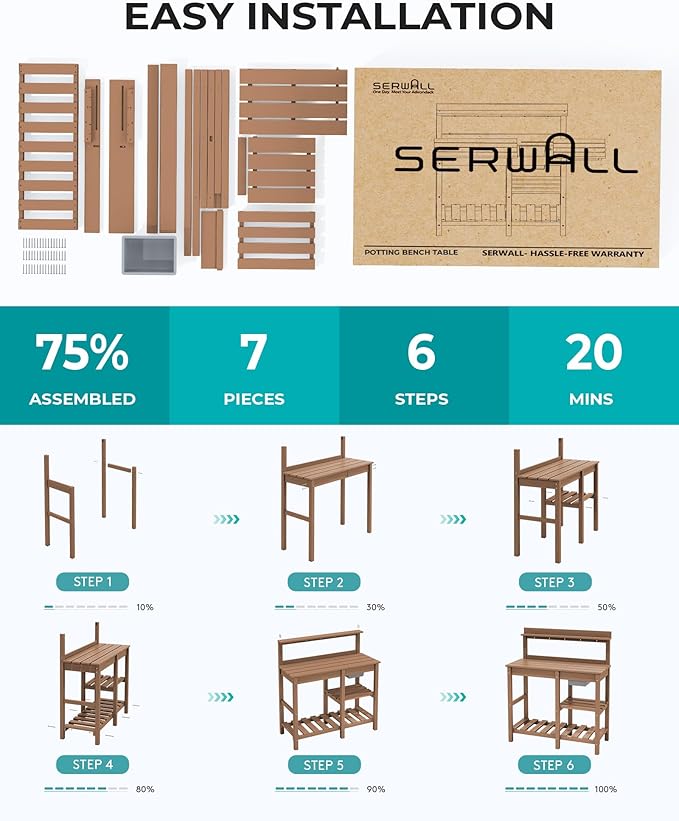 SERWALL Outdoor Potting Bench with Removeable Sink,Rot-Resistant HDPE Potting Table for Outside Gardening, All Weather Use - Brown