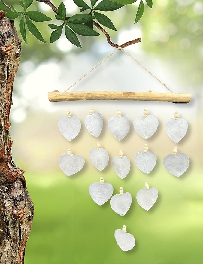 Heart Windchime - XL White Capiz Shell Driftwood Wood Bead Wind Chime Outdoor Garden Patio Decor Gift 24”