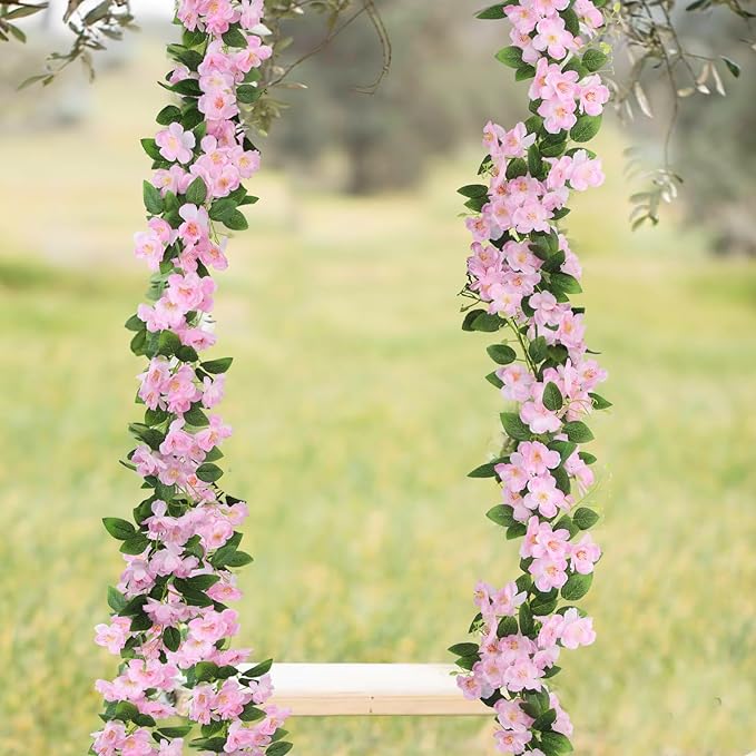 CISDUEO Artificial Cherry Blossom Flower Vine Hanging Pink Cherry Blossom Flower Silk Garland Hanging Vines Faux Flowers for Outdoors Spring Wedding Party Home Table Centerpiece Arrangement Decor
