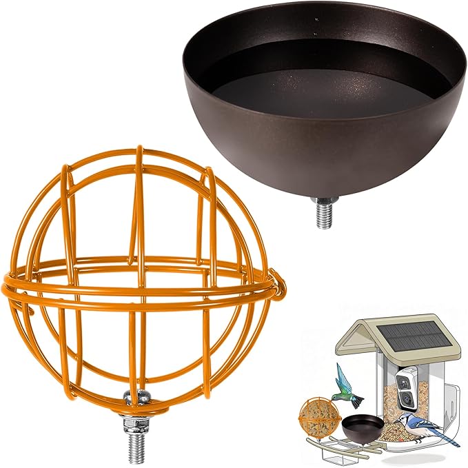 Metal Suet Ball Holder + Water Bowl Set for Birds - Compatible with Most Outdoor Smart Feeders - Round Suet Ball Holder for Outdoors - Bird Feeder Replacement Parts with 5mm Screw (Orange)