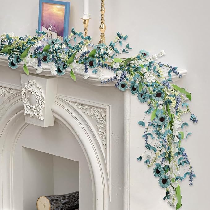 6FT Blue Flower Garland Fake Flowers Vines Faux Artificial Floral Garland Summer Spring Wreath Blueness with Green Leaves Wreaths Blue Daisy Artificial Grains Flower Wreath for Front Door Wreaths