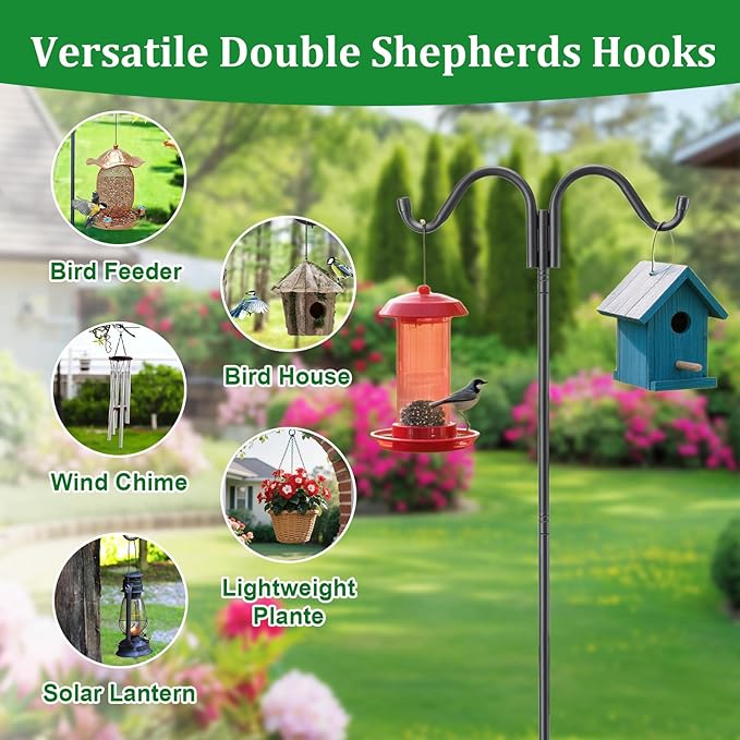 Double Shepherds Hooks for Outdoor, 78 Inch Adjustable Bird Feed Pole with 5 Prongs Base, Heavy Duty Shepherds Hook for Bird Feeder, Bird House, Light Plant, Wind Chime, Hummingbird Feeder, Lantern