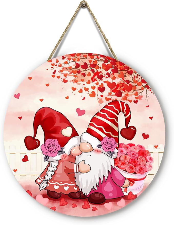 Valentine's Day Gnomes Door Hangers Red Hearts Rose Front Door Sign Wooden Porch Wall Sign Anniversary Wedding Holiday Home Garden Hanging Decorations