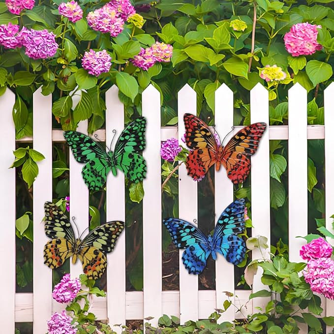 4 Pcs Butterfly Wall Decor Art, Butterflies Outdoor Metal Wall Art with Vivid Pattern, Hand Painted Outdoor Garden Yard Fence Patio Decor Gift for Women Mom