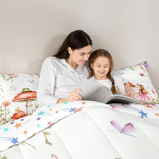 Erosebridal Fairy Garden Full Comforter Set - Mushroom & Frog Bedding Sets for Kids Girls, Butterfly Floral Forest Themed Bed Set | Whimsical Fairies Room Decor with 2 Pillowcases