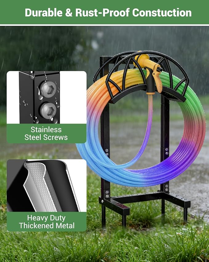 HZE Garden Hose Holder, Freestanding Water Hose Holder Stand for Outside, Heavy Duty Detachable Metal Garden Tube Storage Hanger Rack Holds 160 FT for Yard Lawn Farm, Black