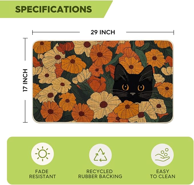 Artoid Mode Black Cat Flowers Spring Doormat, Home Summer Decor Low-Profile Switch Rug Door Mat Floor Mat for Indoor Outdoor 17x29 Inch