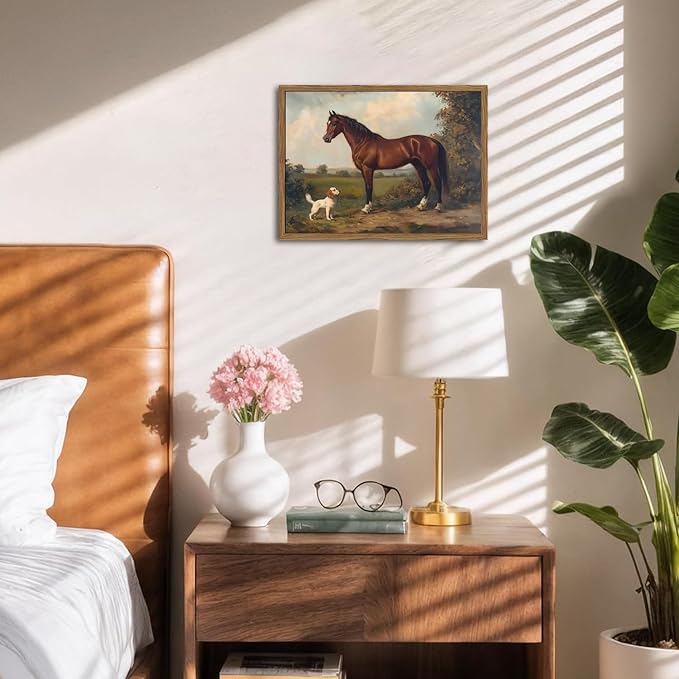 Framed Vintage Wall Art, Rustic Horse and Dog Pictures Wall Decor, Farmhouse Animal landscape Paintings Canvas Prints Neutral Aesthetic Home Decor for Living Room Bedroom Bathroom Office 12x16 inch