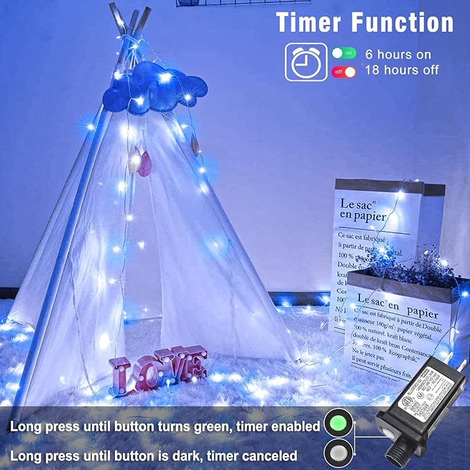 100FT 300 LED Outdoor String Lights, Connectable Christmas Lights Indoor Waterproof with 8 Modes, Plug in Twinkle Fairy Lights Clear Wire for Bedroom Home Wedding Patio Decorations, Blue and White
