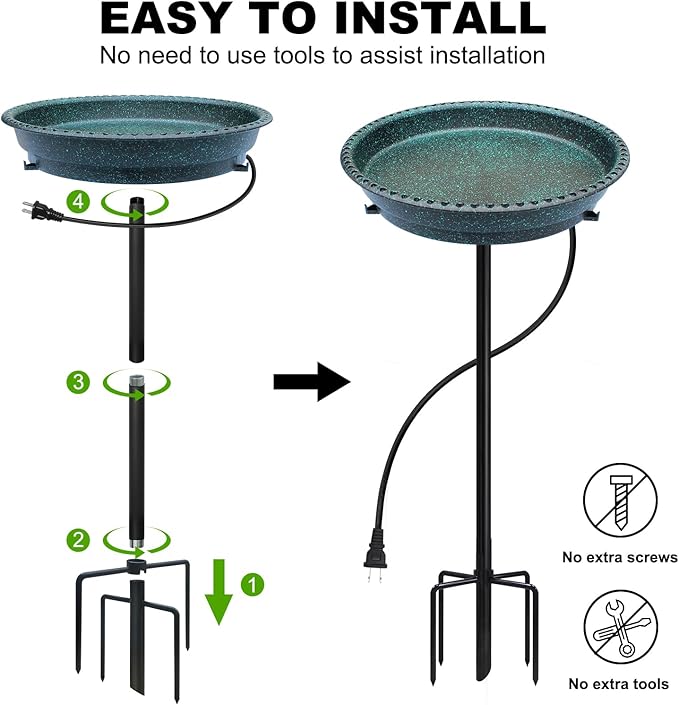 BIRD WISH Heated Bird Bath, Stable 5-Prong Metal Base Thermostat Control Weather Resistance All Seasons Available 75W Heated Bird Baths for Outdoors for Winter Garden Yard Patio Lawn, Spotted Green