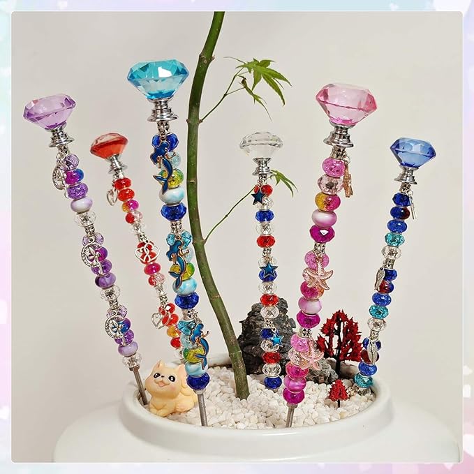 140Pcs DIY Garden Stakes Decorative Beadable Items for Different Festivals Fairy Wand Beaded Garden Stakes Kit Fairy Garden Accessories Outdoor (Diamonds)