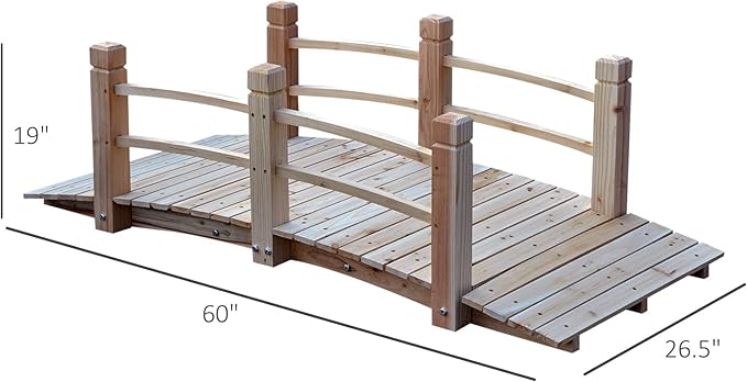 CHARMMA Fir Wood Garden Bridge Arc Walkway with Side Railings for Backyards, Gardens, and Streams, Natural Wood, 60" x 26.5" x 19"