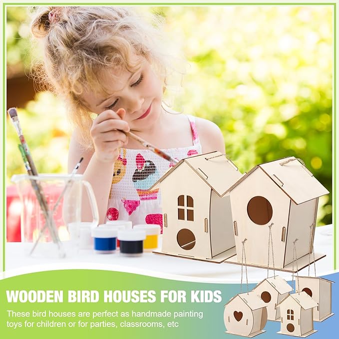 DoubleFill 100 Pcs Bulk Wooden Bird Houses Kits for Kids DIY Crafts and Arts Unfinished Wood Birdhouse to Paint Birthday Gifts for Valentines Crafts Class Parties, 4 Styles