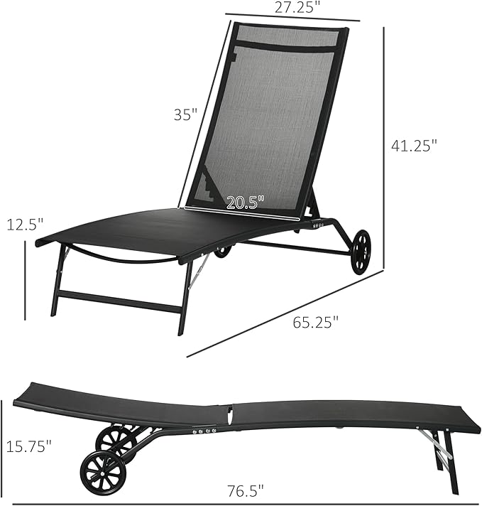 Outsunny Chaise Lounge Outdoor, 2 Piece Lounge Chair with Wheels, Tanning Chair with 5 Adjustable Positions for Patio, Beach, Yard, Pool, Black