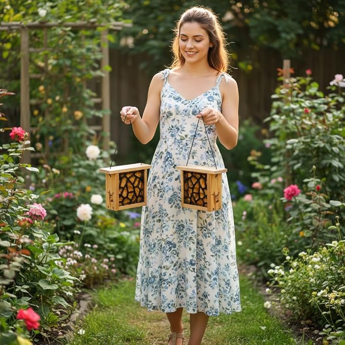 2pk Suet Bird Feeders with 2 Suet Cakes for Outside Clearance - Suet Cake Feeder for Outdoor - Hanging Birdfeeder for Suets - Hanging Cable Wire Weather Ability Cedar Wood Longterm Lasting