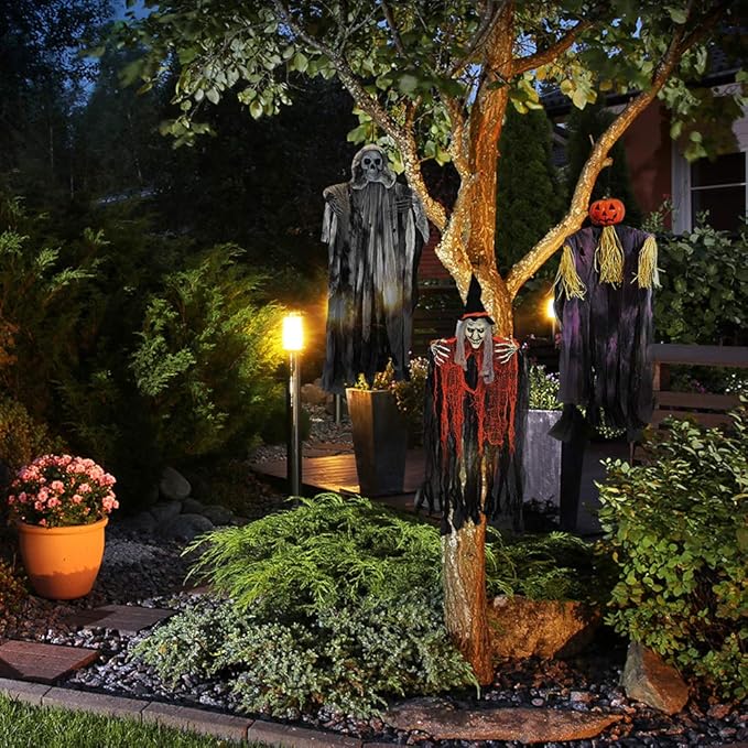 JOYIN 3 Pack 35” Hanging Ghosts Witch Pumpkin Decor Hanging Halloween Decorations Outdoor Halloween Decor, Scary Flying Witch Grim Reapers Haunted House Front Porch Decor Yard Garden Lawn Party
