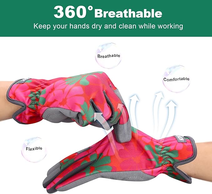 Gardening Gloves for Women, Flexible Breathable Garden Gloves, Leather Working Gloves for Weeding, Digging and Pruning (S-Daisy)