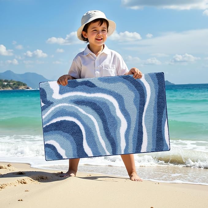 LUMI Absorbent Bathroom Rug Non Slip Rubber Backing, Machine Washable Wave Bath Mat Soft Premium Microfiber, Beach Bath Rugs Quick Dry for Bathtub and Shower Floor, 20"x32"