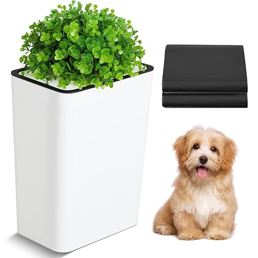 Dog Poop Trash Can Outside 3.96 Gal/15 L Plant Styled Dog Waste Trash Can with Lid 50 Pcs Plastic Waste Bags Outdoor Indoor Poop Container Slim Garbage Bin for Yard Garden Pet (White)