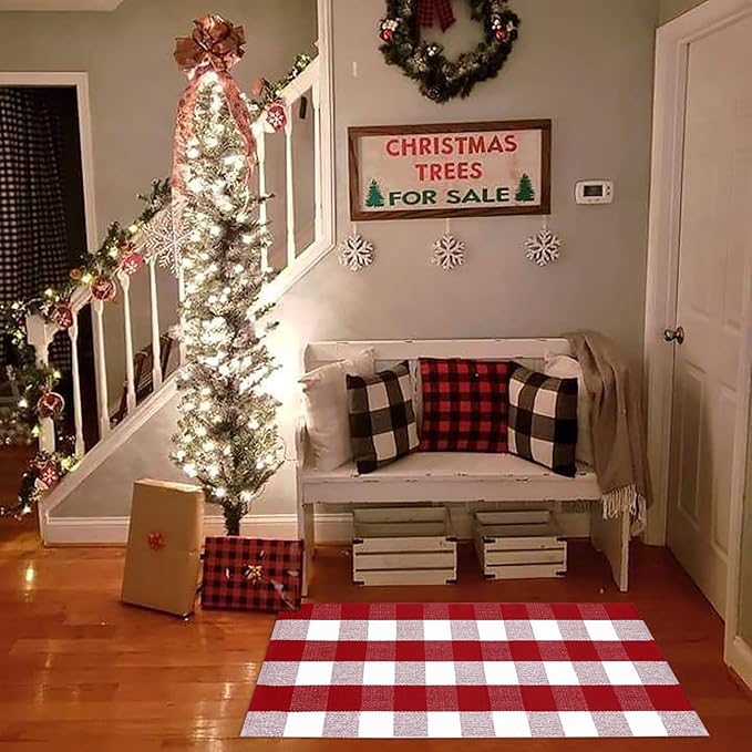 Christmas Door Mat Outdoor 24"x51"Buffalo Plaid Christmas Decor Rug Cotton Hand-Woven Layered Door Mats Washable Carpet for Front Porch, Kitchen, Farmhouse, Entryway,Bedroom