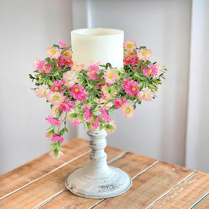 2 Pack Pink Flower Garland Daisy Flowers Silk Artificial Wildflower 13ft Wedding Floral Garland Fake Hanging Vines for Party Decoration Wall Backdrop Table Runner Indoor Outdoor Decor Multicolored