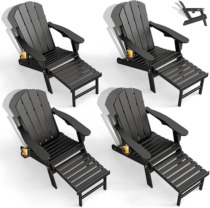 GREENVINES Adjustable Adirondack Chair with Retractable Ottoman Set of 4 | Folding | HDPE Plastic | Fire Pit Chairs w/Foot Rest | 2 Cup Holders | Black | for Outdoor Patio Poolside Deck
