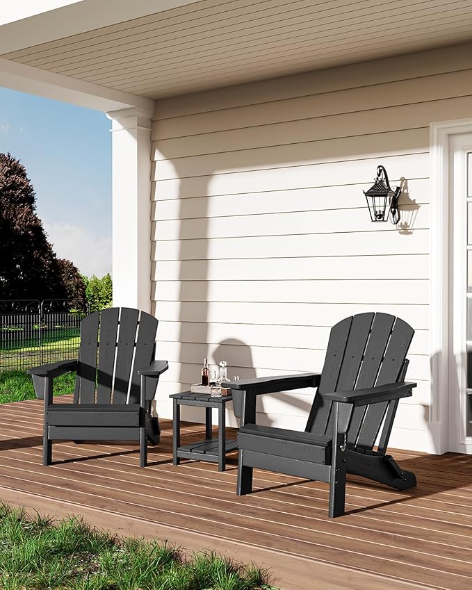 GarveeLife Folding Adirondack Chairs, HDPE Outdoor Patio Chairs All Weather Resistant with Wood Texture for Fire Pit, Deck, Patio, Pool, Backyard - Black