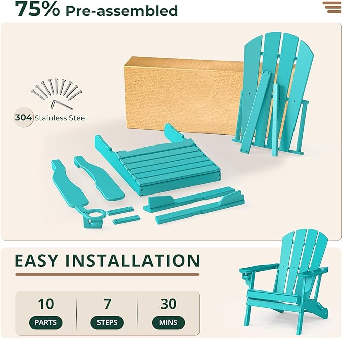 BRIOPAWS Folding-Adirondack-Chairs Set of 2 | HDPE Plastic | Fire Pit Chair | Cup Holder | Curved Back | All Weather| for Outdoor Backyard Deck Patio | Aqua