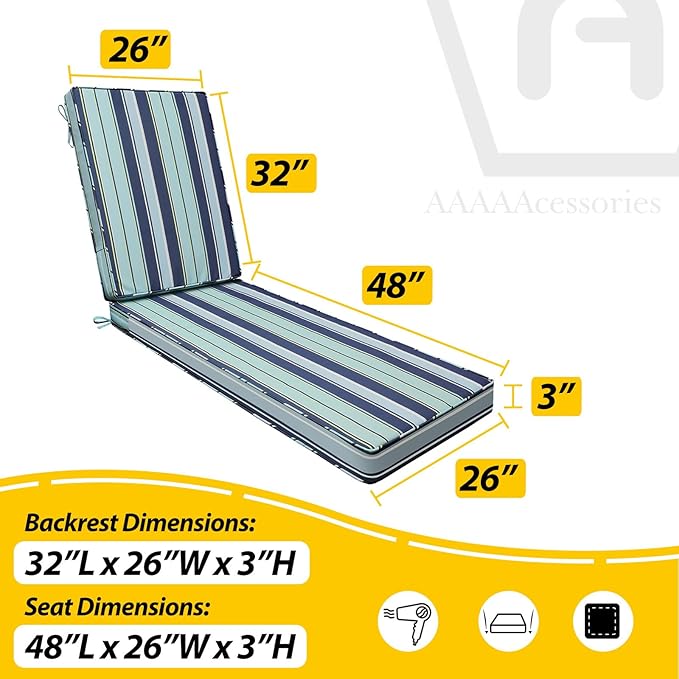 AAAAAcessories Outdoor Chaise Lounge Cushions, Fade-Resistant, Waterproof Patio Furniture Replacement Cushions, 80" x 26" x 3", Set of 2, Ash Teal Seaside Stripe