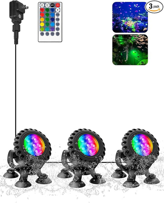 T-SUN Colored Pond Lights with Timer, LED Underwater Pond Light Submersible Fountain Lights for Fish Tank Landscape Spotlight - Remote Control, IP68 Waterproof, Aquarium, Waterfall, Yard (3 Heads)