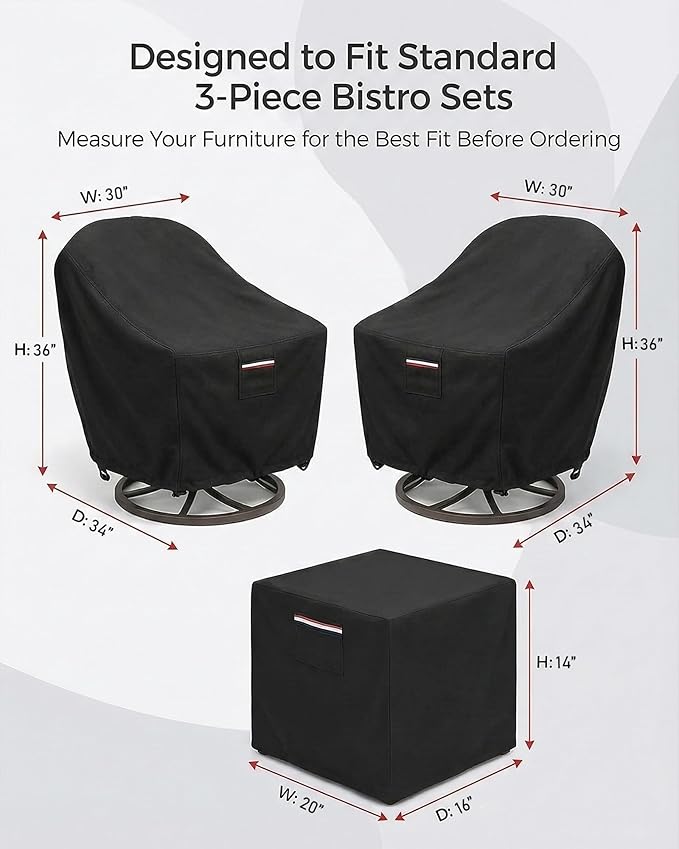 3-Piece Patio Bistro Furniture Cover Set, Heavy-Duty 600D Waterproof Outdoor Furniture Covers, UV Resistant, Designed for Everyday Outdoor Use on Patio, Deck & Backyard, Black