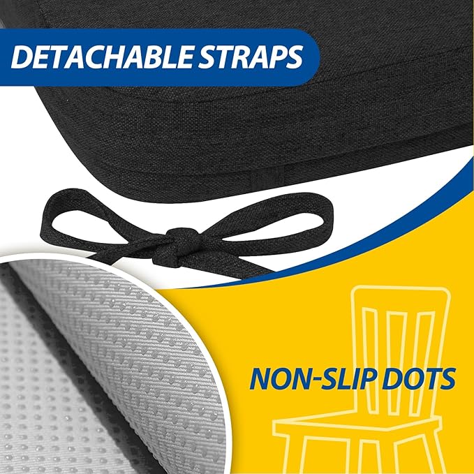 AAAAAcessories D-Shaped Chair Cushions, 2" Thick Dining Chair Pads with Ties and Removable, Machine-Washable Cover, 17" x 16", Set of 8, Black