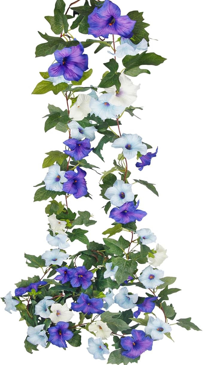 CISDUEO 2 Pcs Artificial Vines for Outdoors Silk Morning Glory Garland 11.5 Ft Hanging Flowers Plants Fake Petunias Vines for Indoor Home Decor Wall Fence Mantle Stairway Mailbox Purple Blue and White